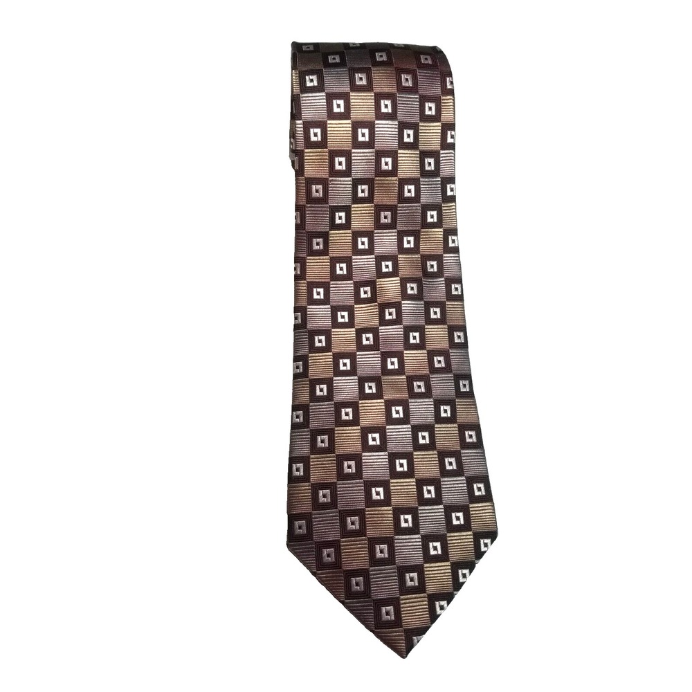 Daniel Craig Brown Tan Silver Geometric Squares Pointed 100% Silk‎ Textured Tie